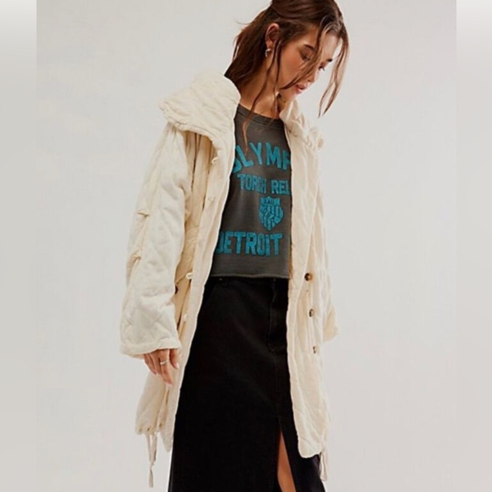 Free People One Cedar Parachute Jacket Hood Quilted Knit Oversized Ivory